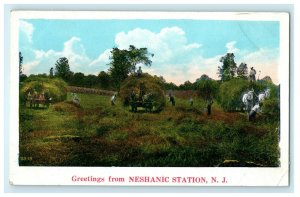 1912 Grass Cutting Scene Greetings From Neshanic Station, New Jersey NJ Postcard 