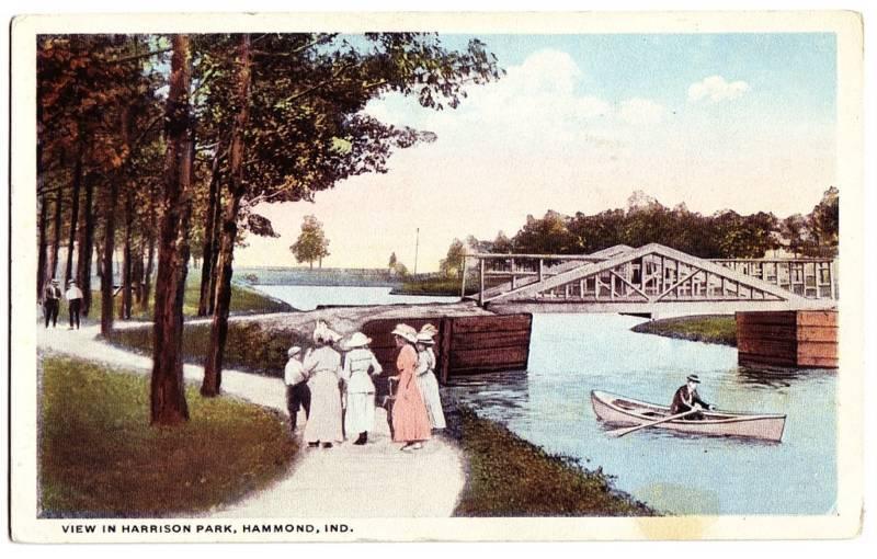 Old HAMMOND Indiana Ind Postcard Harrison Park Boat