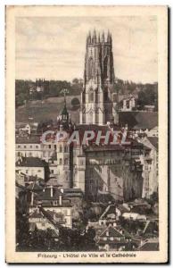 Old Postcard Switzerland Friborg The town hall and the cathedral