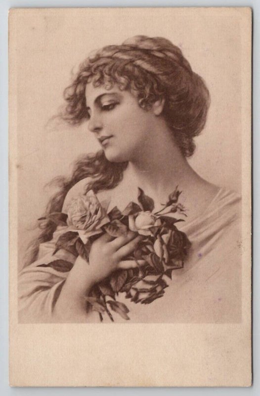 Beautiful Woman Portrait With Flowers Sketch Style H Christ Vienne Postcard B39