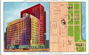 1930s Harrison Hotel Chicago Illinois Map Postcard