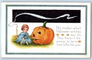 1919 Halloween Greetings Little Girl Candle And Pumpkin JOL Embossed Postcard