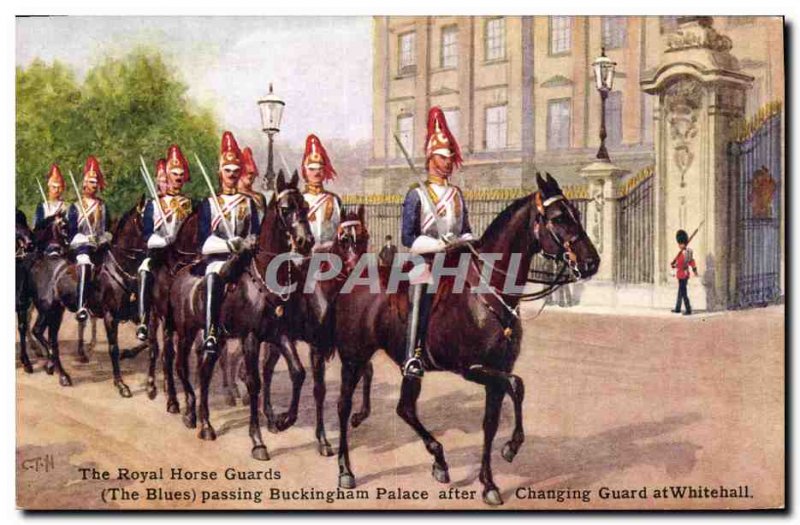 Postcard Old Army Royal Horse Guards Blues passing Buckingham Palace London L...