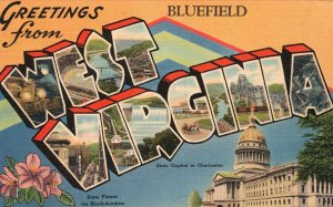 Vintage Postcard 1930's Greetings From Bluefield West Virginia State Capital