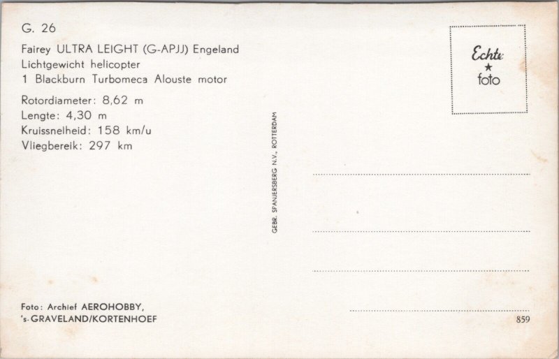 Fairey Ultra Light G-APJ England Helicopter Vintage RPPC 09.56 