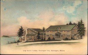 NEWAGEN ME Log Cabin Lodge Newagen Inn HAND COLORED Old Postcard