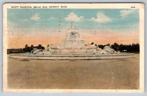 Scott Fountain, Belle Isle, Detroit, Michigan, Vintage 1928 Postcard