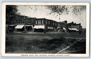 Harper Kansas KS Postcard Corner Main Central Avenue Building Road 1910 Vintage