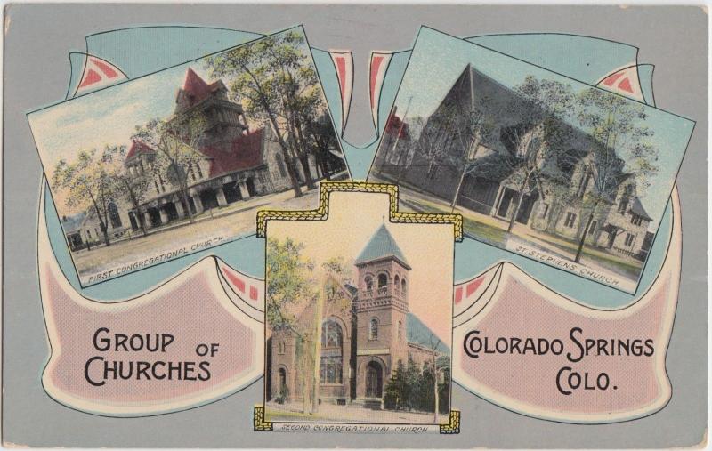 Colorado Co Postcard 1914 COLORADO SPRINGS 3View Fancy Border CHURCHES