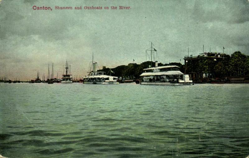 china, CANTON GUANGZHOU 廣州, Shameen and Gunboats on the River (1910s) Postcard 