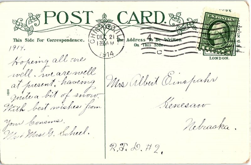 1914 MERRY CHRISTMAS HAPPY NEW YEAR KENESAW NEBRASKA EMBOSSED POSTCARD 39-278