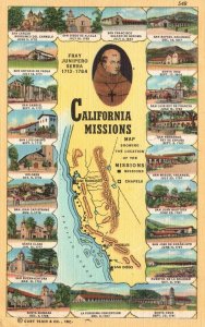 Vintage Postcard 1930's California Spanish Missions Map Location Mission Chapels