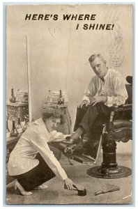 1912 Woman Shoe Shine Barber Here's Where I Shine Decatur Indiana IN Postcard 