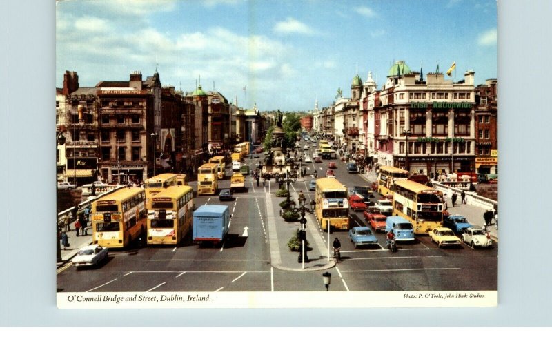 Postcard Chrome O'Connell Bridge and Street, Dublin, Ireland double decker buses