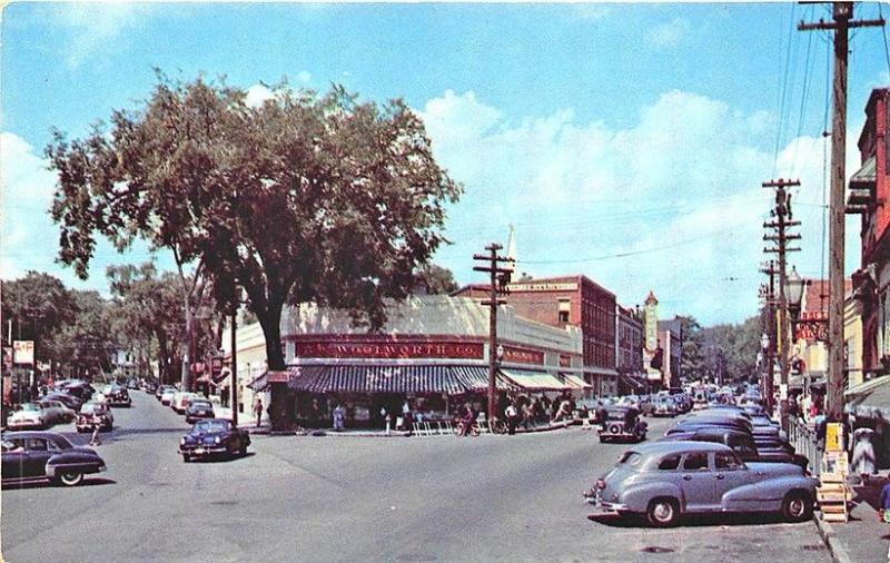 Laconia NH Main Street Woolworth's Storefronts Old Cars Postcard