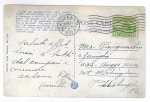 New York, NY to Pittsburgh, Pennsylvania 1933, Bank of Manhattan used Postcard