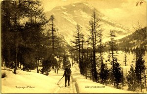 Winter Landscape Man Skiing in woods mountains Germany Postcard early 1900's