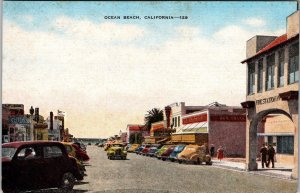 OCEAN BEACH COLORFUL STREET SCENE FIRE DEPT DRUG STORE, VINTAGE CARS CA JE8