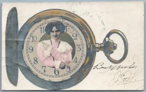 PHOTOMONTAGE LADY IN POCKET WATCH 1906 ANTIQUE REAL PHOTO POSTCARD RPPC collage