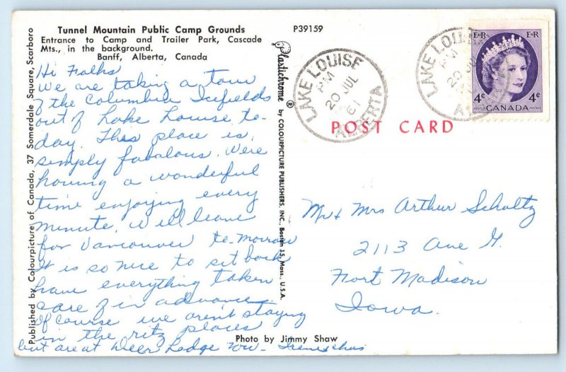 Banff Alberta Canada Postcard Tunnel Mountain Public Camp Grounds 1961