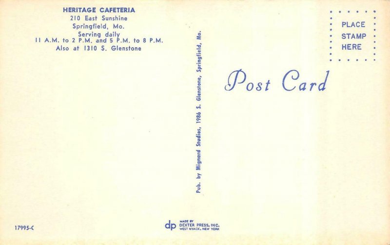 SPRINGFIELD, Missouri MO  HERITAGE CAFETERIA~Interior View  ROADSIDE  Postcard