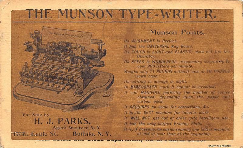 Buffalo NY H. J. Parks The Munson Type-Writer 1893 Postcard