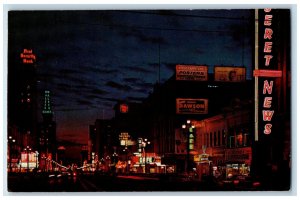 c1960's Security Bank, Cafe, Main Street at Night Salt Lake City UT Postcard 