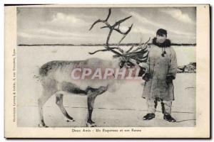 Old Postcard Polar Eskimo A Two friends and his reindeer