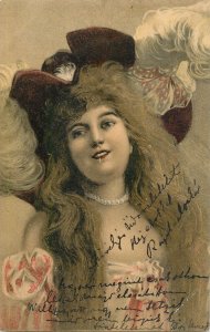 Long hair fancy hat lovely drawn lady portrait 1901 postcard Hungary