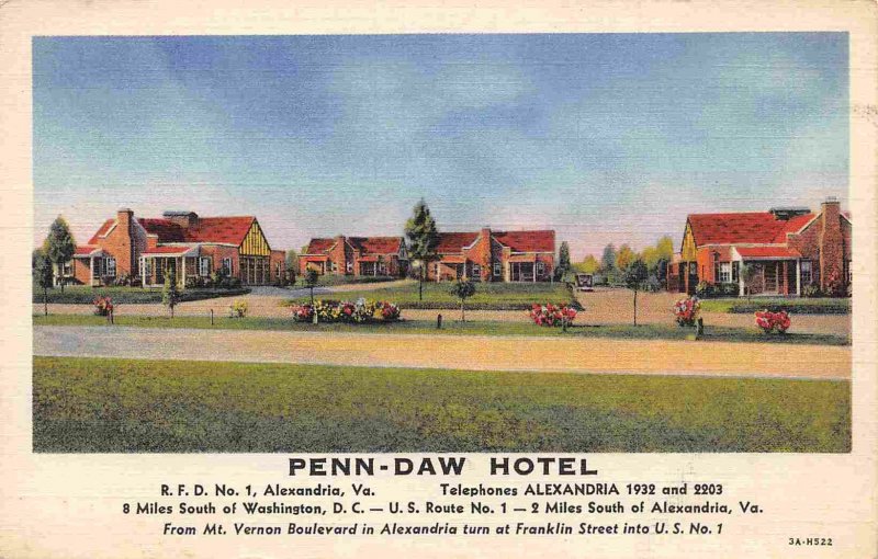 Penn Daw Hotel Motel Alexandria Virginia linen postcard