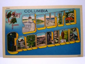 Greetings From Columbia South Carolina Large Big Letter Linen Postcard Asheville