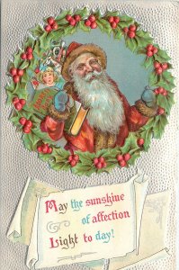 Embossed Christmas Postcard Santa w/ Address Book in Holly Wreath, P. Sander
