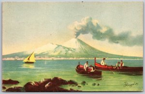 Mount Vesuvius Volcano Snow Italy Napoli Vesuvio Artist Signed 1910s Postcard