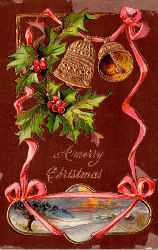 Christmas With Gold Bell and Holly 1909