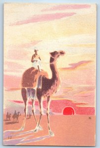 Japan Postcard Riding Camel Sunset Japanese Art c1950’s Vintage Unposted