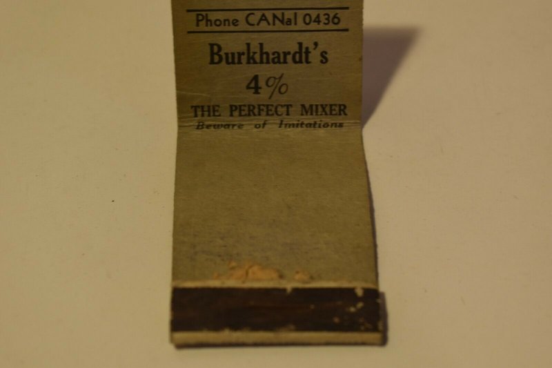 Burkhardt's 4% the Perfect Mixer Advertising 20 Strike Matchbook Cover