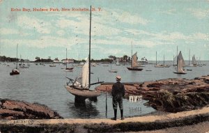 New Rochelle New York Echo Bay, Hudson Park, Color Lithograph Vintage PC U8602