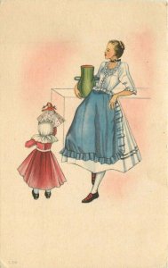 Europe Mother Daughter Ethnic Dress 1950s Artist impression Postcard 21-12745