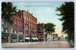 Utica New York Postcard Genesee Street City Hall Building Road Tree 1910 Vintage