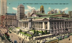 USA New York Public Library Fifth Avenue New York City Linen Postcard 08.64