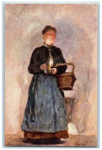 Artist Signed Postcard Woman With Lamp And Basket Oilette Tuck's c1910's Antique