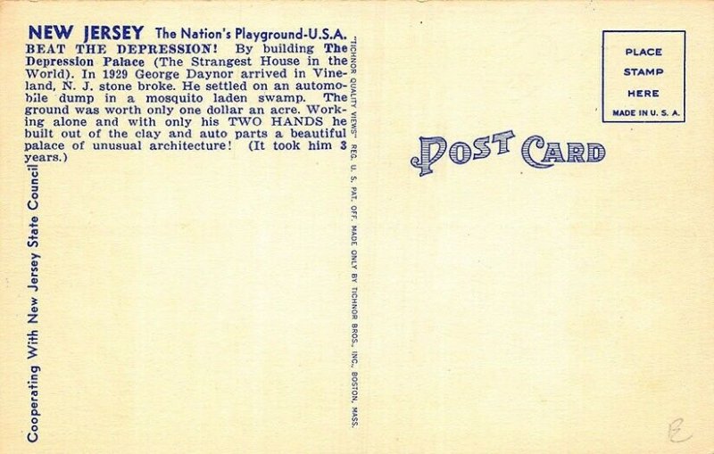 Vineland NJ George Daynor Strangest House in The World in 1929 Postcard