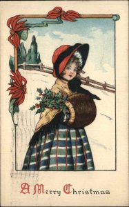 Christmas Pretty Little Girl with Holly Fur Stole Sunbonnet c1910 Postcard