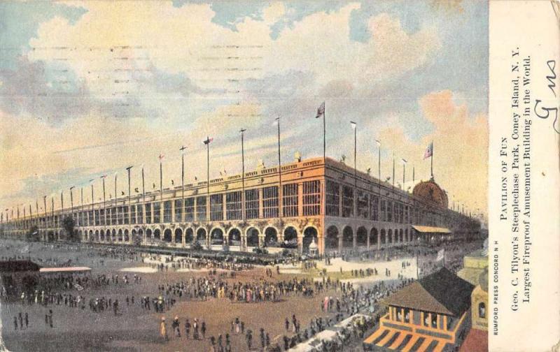 Coney Island New York Pavilion Of Fun Street View Antique Postcard KA688949