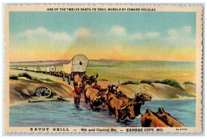 c1940 Twelve Santa Fe Trail Murals Savoy Grill Advertising Kansas City Postcard