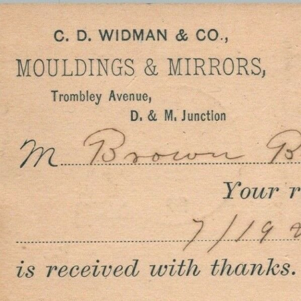 1892 C. D. Widman Co Mouldings Mirrors Detroit Brown Bros Charlotte Postcard