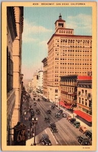 San Diego California CA, Broadway, Buildings, Roadway, Highway, Vintage Postcard