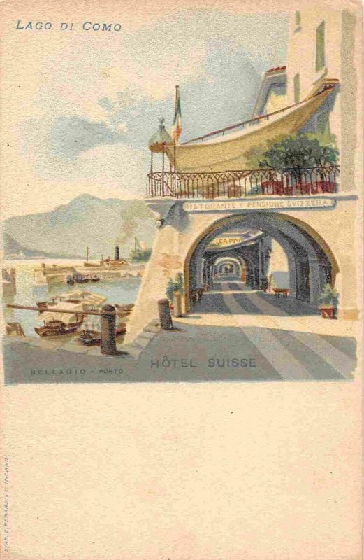 Hotel Suisse Bellagio Porto Lago Lake Como Italy 1905c watercolor postcard