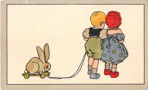 US2832 Children Huggin, Rabbit Postcard toy humour comic germany artist signed