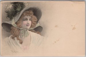 Woman in Edwardian Hat by Whichera Antique Lithograph Postcard H81
